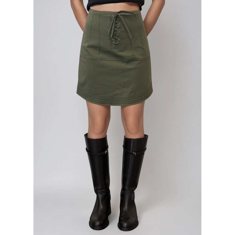 Marissa Webb Women's Olive Green Lace Up Front Mini Skirt Military Utility Style